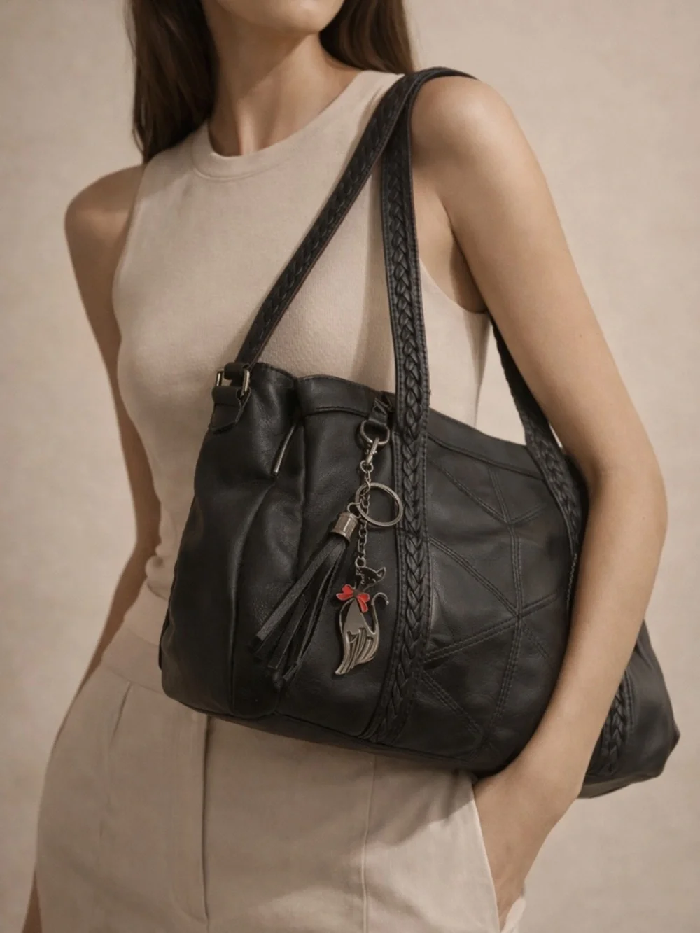 X.N CROWN Black Shoulder Bag Braided Strap Cat Charm Y2K Chic Trendy